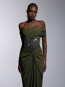 Elitara Đầm maxi sang trọng, cổ điển, trễ vai, đính sequin và thêu, chất liệu chiffon xếp ly, vạt đuôi cá, thích hợp cho các lễ hội, đám cưới, dạ hội, hòa nhạc, sự kiện kinh doanh và các dịp dành cho người nổi tiếng trên mạng xã hội. - màu xanh lá - Xem 4