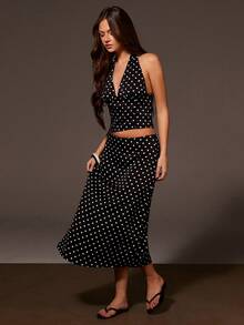 Athîral Women's Casual Polka Dot Long Skirt, Black Skirt, Date And Party , Casual Skirt, Outdoor , Cute, Valentine's Day , Satin Woven Fabric - Black and White - View 3
