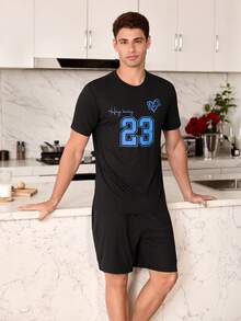 CoupledUp 时尚数字印花休闲运动男士短袖睡衣套装 - 黑色 - 查看 6