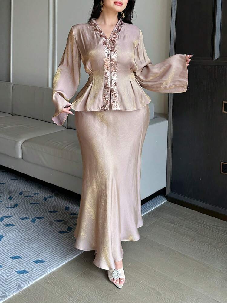 Dazy Plus Plus Size Women Sequin V-Neck Decorated Long Sleeve Top And Loose Long Skirt 2 Piece Set, Party/Banquet Dress, Spring/Autumn