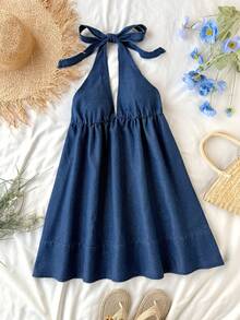 Soleia 女士休闲度假风露背系带飘逸下摆牛仔连衣裙，夏季 - 深色水洗藍 - 查看 1