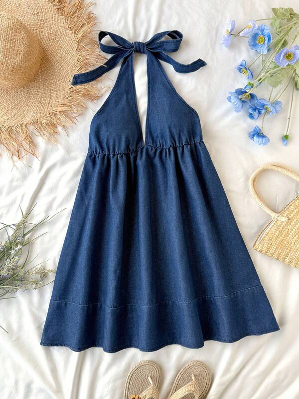 Soleia Women's Casual Vacation Style Backless Tie-Front Flowy Hem Denim Dress, Summer Summer Outfits For Women Spring Outfit Women Easter Outfits Party Outfit Beach Outfit For Women  Graduation Dress Summer Dresses Easter Dress Women Beach Dress Graduation Dress For Women Casual Dresses For Women Vacation Dress Blue Dresses For Women