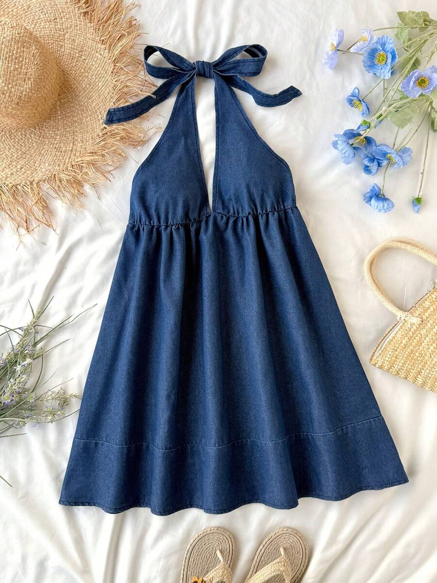 Soleia 女士休闲度假风露背系带飘逸下摆牛仔连衣裙，夏季 - 深色水洗藍 - 查看 1