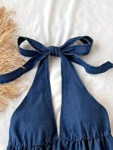 Soleia 女士休闲度假风露背系带飘逸下摆牛仔连衣裙，夏季 - 深色水洗藍 - 查看 4