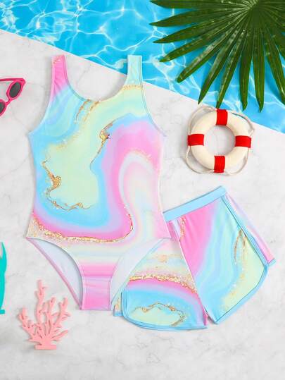 SHEIN Tween Girl 2pcs Swimwear Set,Marble Print One Piece & Shorts,Blue Summer Casual Beach Holiday,Quick-Dry Soft Bathing Suit For 12-16 Year Old Girls
