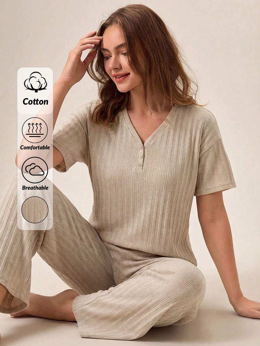 Loomlin 100%Cotton 2Pcs/Women's Button Details And Lettuce Trim Detail Homewear Lounge Set - Beige - View 1