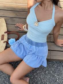 Sunnyshic 女士休闲弹力腰牛仔短裤 - 藍色 - 查看 4