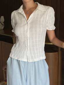 DAZY 女士白色棉质纹理花瓣袖翻领衬衫，春季款 - 白色 - 查看 3