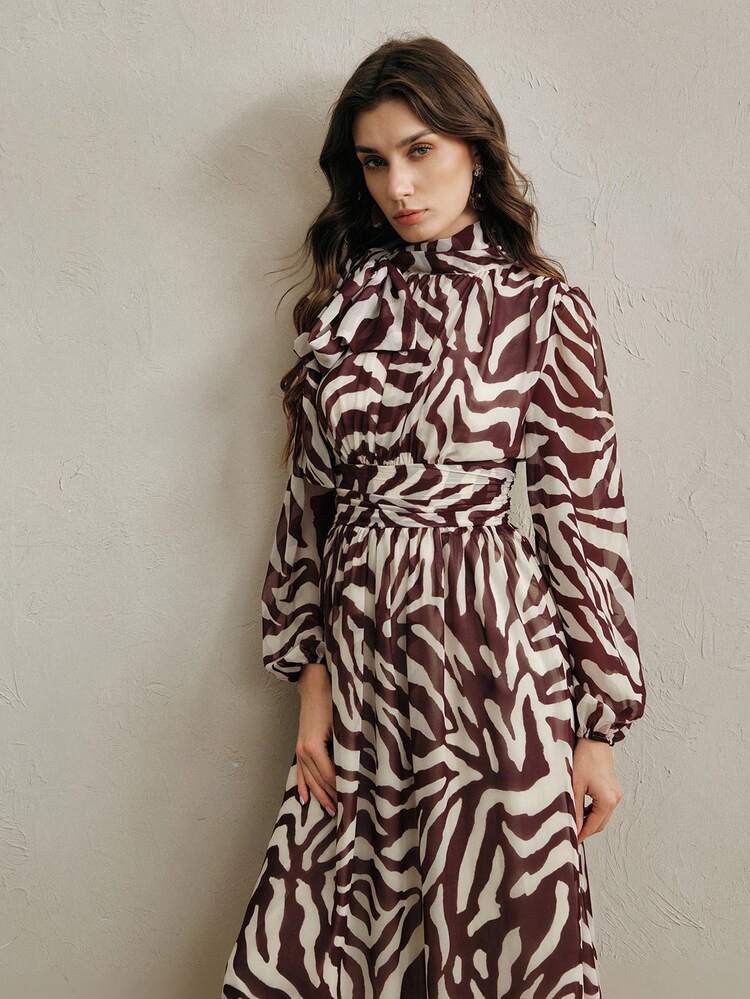 Women's Elegant Tie Collar Ruched Waist Long Sleeve Dress, Brown, Spring/Summer Women's Maxi Dress Zebra Print Dress