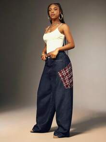Denimoi Baggy Boyfriend Jeans With Contrat Plaid Pocket Fashionable Streetwer Wide Leg Denim Jeans - Dark Wash - View 2