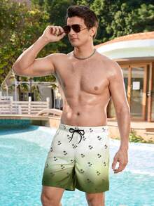 Manfinity KASUA Men's Gradient Coconut Tree Print Beach Shorts, Summer Holiday Style - Army Green - View 3