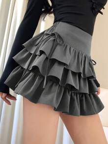 FRIFUL 女士多层蛋糕裙，带蝴蝶结装饰，甜美迷你裙 - 灰色 - 查看 8