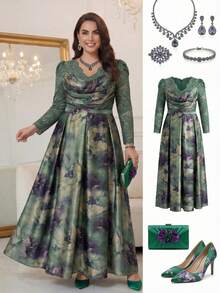 Ellevyn 大码女士时尚浪漫花卉蕾丝拼接连衣裙圣诞派对礼服 - 彩色 - 查看 11