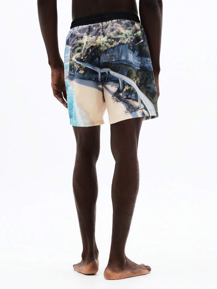 Swim Trunks With Coastal Highway Print