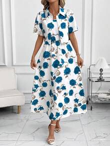 SHEIN Clasi 女士优雅印花连衣裙和衬衫两件套，夏季 - 彩色 - 查看 3