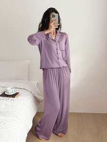 DAZY Women's Comfortable Knit Contrast Trim Crop Top And Pants Pajama Set - Mauve Purple - View 5