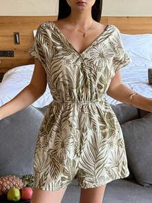 DAZY Beach Resort Style Botanical Print Romper Pajamas For Women - Green - View 6