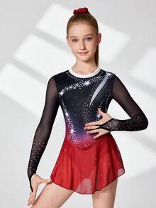 少女黑色和红色渐变长袖花样滑冰裙，高弹力渐变黑红面料，饰有闪亮钻石印花 - 彩色 - 查看 1