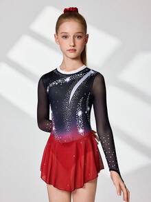 少女黑色和红色渐变长袖花样滑冰裙，高弹力渐变黑红面料，饰有闪亮钻石印花 - 彩色 - 查看 4