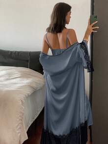 DAZY Bộ đồ ngủ mùa xuân 2 món dành cho nữ: Áo choàng và váy ngủ phối ren tương phản. - Xám - Xem 2