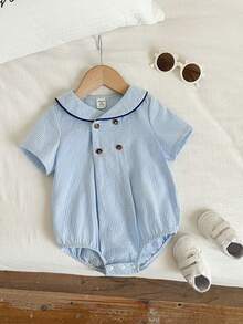 SHEIN Unisex Newborn Baby Boy/Girl Cute British Style Blue&White Striped Peter Pan Collar Short Sleeve Romper,Bodysuit,Spring/Summer Boy Summer Clothes - Blue - View 3