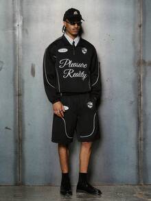 PAVTROS 男士休闲字母印花拉链连帽衫和短裤套装 - 黑色 - 查看 6