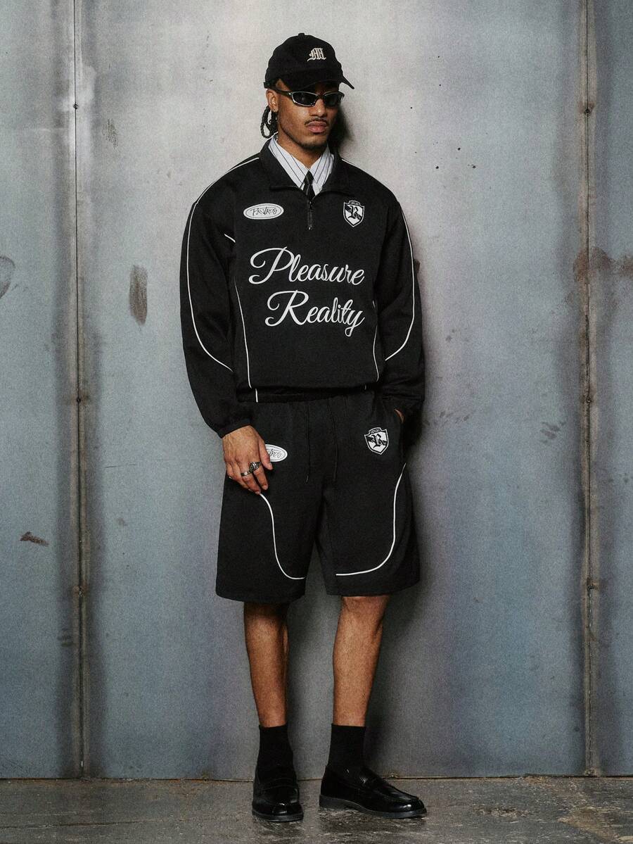 PAVTROS 男士休闲字母印花拉链连帽衫和短裤套装 - 黑色 - 查看 1