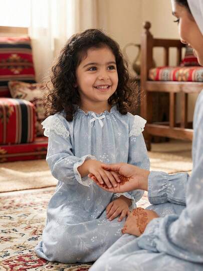 Young Girls Pajamas-Nightdress Long Sleeve Round Neck Ruffle Collar Lace Cuff Floral Print Pastel Blue Sleep Gown Kids Nightwear Dress Adorable Comfortable Holiday 2026 Essential Four Seasons Cozy Lightweight Lounge Pajama Bedtime Party Photo Gift Light Blue Kids Dress Shirt Dress Kids Little Girl Nightgown Toddler Nightgown Long Sleeves Kids Dress