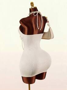 Amplova Women's Textured Front Tie Deep V Sexy Halter Mini Dress Hemp Rope Cutout Tie Bow Deep V-Neck Shell Jacquard Sleeveless Halter Neck Tie Mini Tight Backless Dress - Camel - View 10