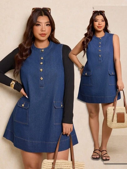 Elaquor Plus Size Solid Color Casual Sleeveless Denim Dress