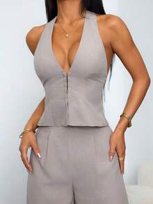 SHEIN PETITE 两件套：优雅轻盈的亚麻裹身V领无袖背心和高腰褶裥阔腿裤，休闲商务通勤装，春夏、毕业典礼、教师装，秋冬返校季皆宜。 - 杏色 - 查看 8