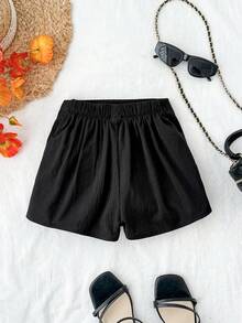 SHEIN Pantalón corto de falda de niña preadolescente de unicolor con textura tejida, informal para primavera/verano - Negro - Ver 2