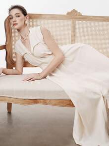 Aalyst Đầm maxi nữ màu trơn cổ chữ V, eo xếp ly, cạp chun điều chỉnh được, cài cúc phía trước, có túi, không tay, kiểu Pháp cổ điển thanh lịch, thích hợp cho công sở, đi làm, kinh doanh, thường ngày, nghỉ lễ, tiệc trà chiều, dạo phố, phong cách retro đơn giản, phong cách Úc thư giãn, bohemian, thường nhật, mùa xuân/hè. - Màu be - Xem 7