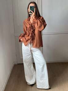 DAZY Women's Solid Color Loose Tie Drawstring Ruffle V-Neck Elegant Vacation Blouse, Spring/Autumn - Brown - View 4