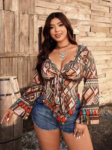 Ceyna Plus Size Women Elegant French Style Floral Print Long Sleeve Top - Multicolor - View 6