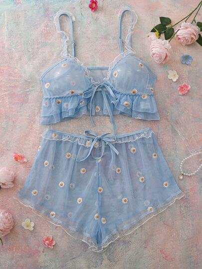 女士雏菊刺绣缎面蝴蝶结下摆性感吊带短裤花卉刺绣睡衣套装