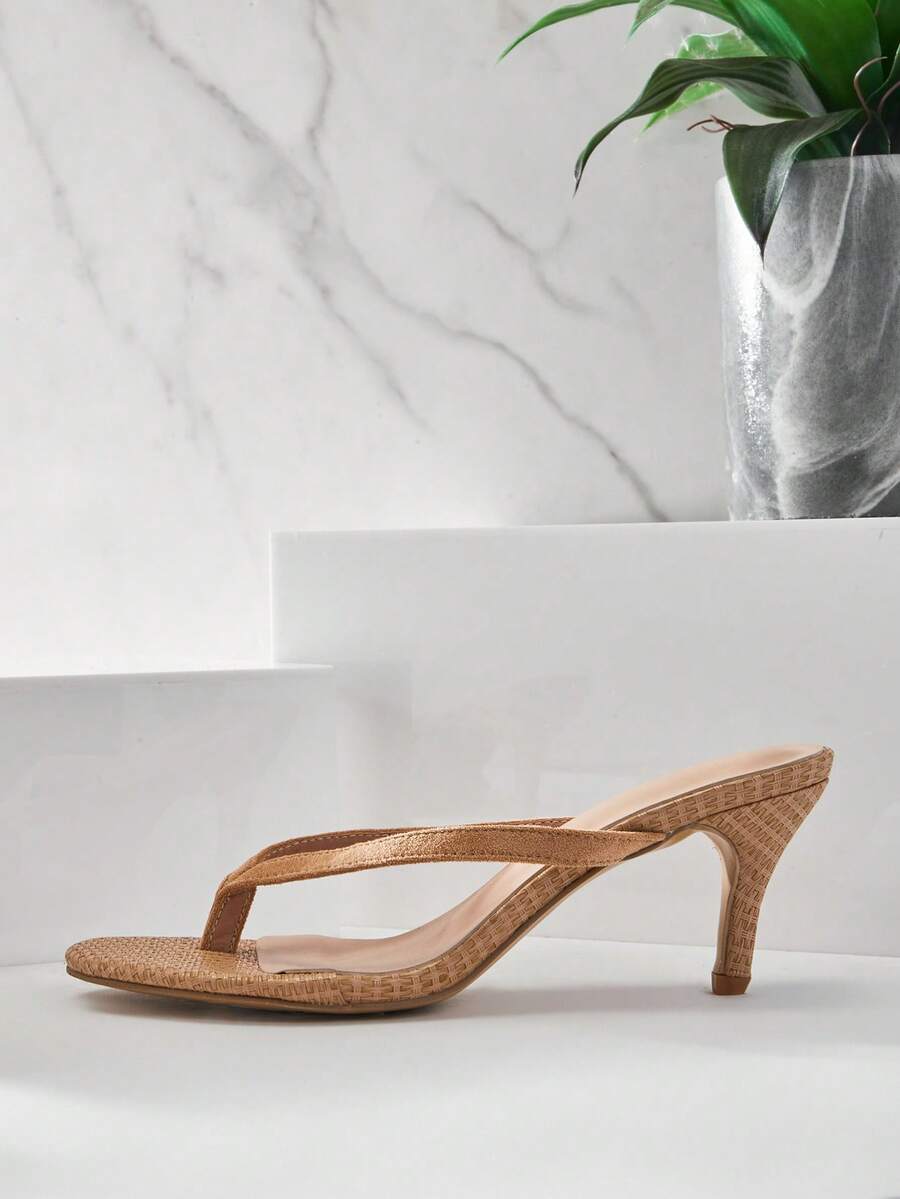 SHUZIA Women's Minimalist Fashion Comfy Square Toe Stiletto Heel Thong Sandals - Beige - View 1