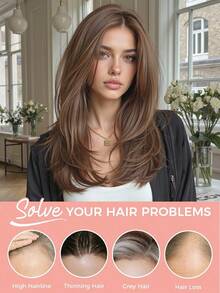 蜜棕色无胶发片，适合女士，真人发片，适合头发稀疏的女士，蕾丝发片，夹式接发