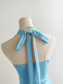 Elamini 优雅纯色鱼尾露背吊带连衣裙 - 天藍色 - 查看 4