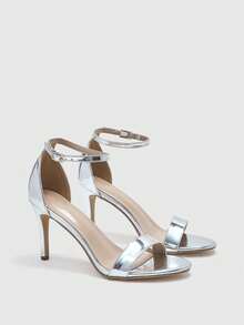 CUCCOO BIZCHIC 女士圆头细跟银色踝带简约时尚优雅女士高跟凉鞋配裙摆日常百搭通勤凉鞋 - 香檳銀 - 查看 7