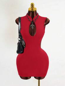 Mistrie 冬季新款中国风旗袍领镂空露背修身迷你连衣裙 - 紅色 - 查看 1