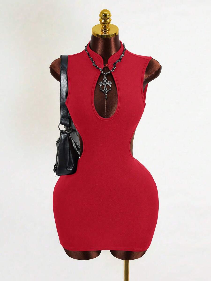 Mistrie 冬季新款中国风旗袍领镂空露背修身迷你连衣裙 - 紅色 - 查看 1