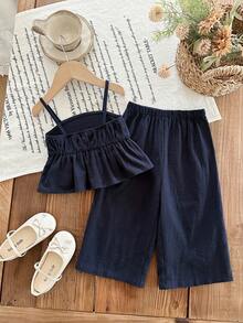 SHEIN 女宝宝休闲可爱度假藏蓝色蝴蝶结吊带背心和松紧腰裤套装 - 藏蓝色 - 查看 2