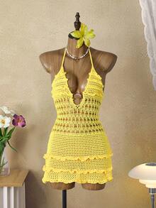 Swim Mod Áo hai dây nữ kiểu dáng trễ vai, thắt eo, có bèo nhún, thích hợp cho kỳ nghỉ biển. - Vàng nhạt - Xem 6