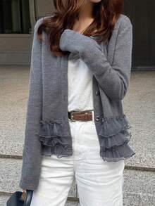 FRIFUL 女士圆领纽扣装饰喇叭袖拼接网纱宽松T恤，适合春夏季穿着 - 灰色 - 查看 8