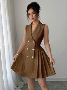 Rafferiza Women's Elegant Commuter Double-Breasted Pleated Hem Sleeveless Dress, Summer - Brown - View 4