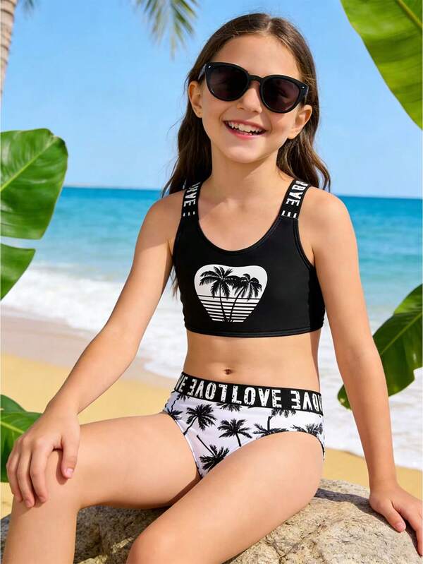 Traje de baño de niña con estampado de árbol de coco negro y cinta con la palabra "LOVE", traje de baño deportivo para vacaciones en la playa