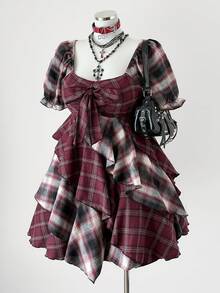 Sunspun 大码格子印花长袖不对称下摆半身裙 - 酒紅色 - 查看 1