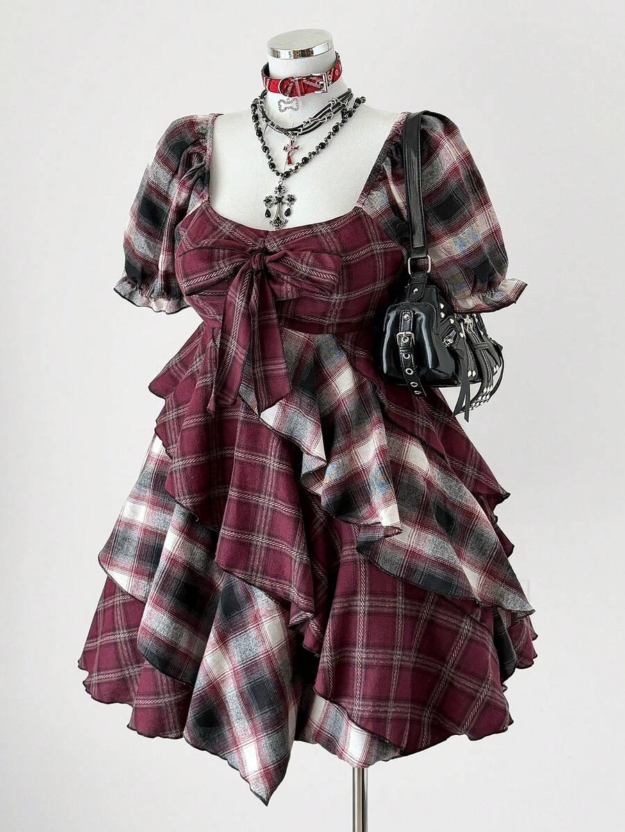 Sunspun 大码格子印花长袖不对称下摆半身裙 - 酒紅色 - 查看 1