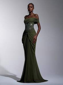 Elitara Đầm maxi sang trọng, cổ điển, trễ vai, đính sequin và thêu, chất liệu chiffon xếp ly, vạt đuôi cá, thích hợp cho các lễ hội, đám cưới, dạ hội, hòa nhạc, sự kiện kinh doanh và các dịp dành cho người nổi tiếng trên mạng xã hội. - màu xanh lá - Xem 6